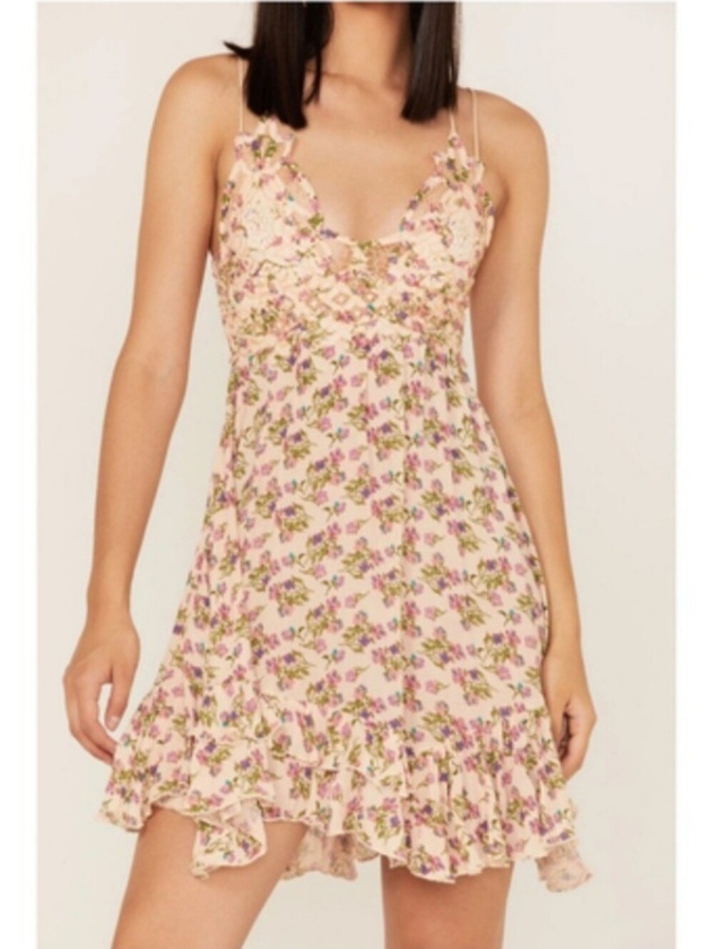 Free People Adella Floral Mini Dress in Cream and Pink | L